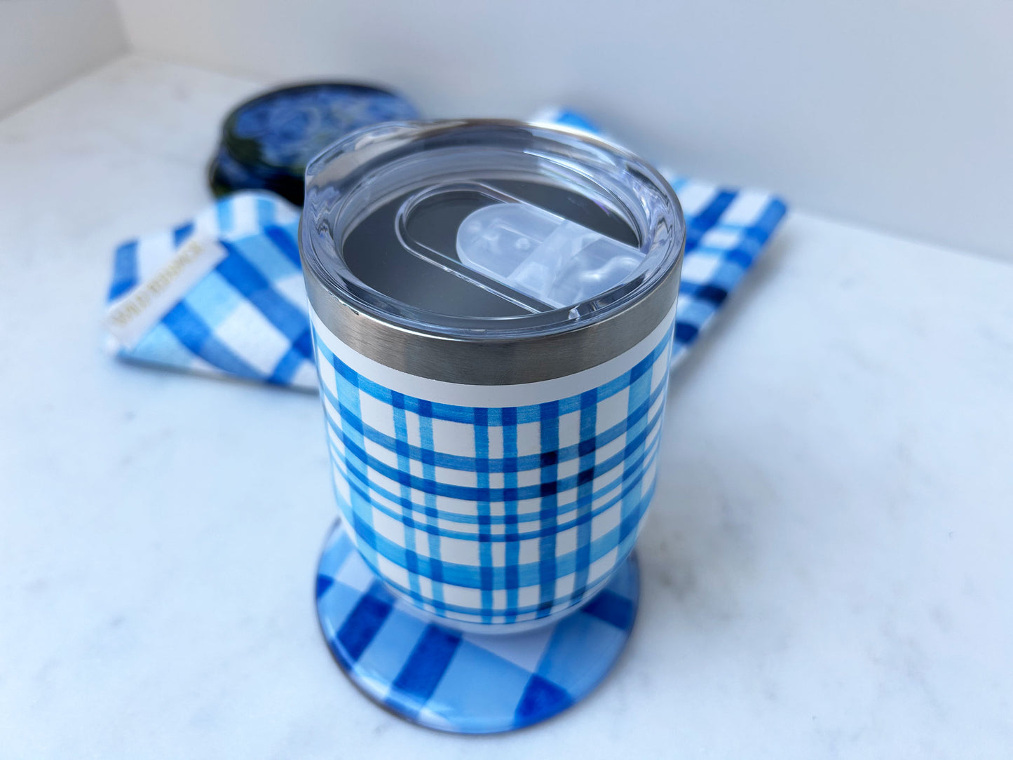 STEMLESS TUMBLER in Blue Watercolor Plaid
