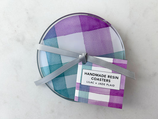 PAIR OF COASTERS in Lilac + Jade Plaid