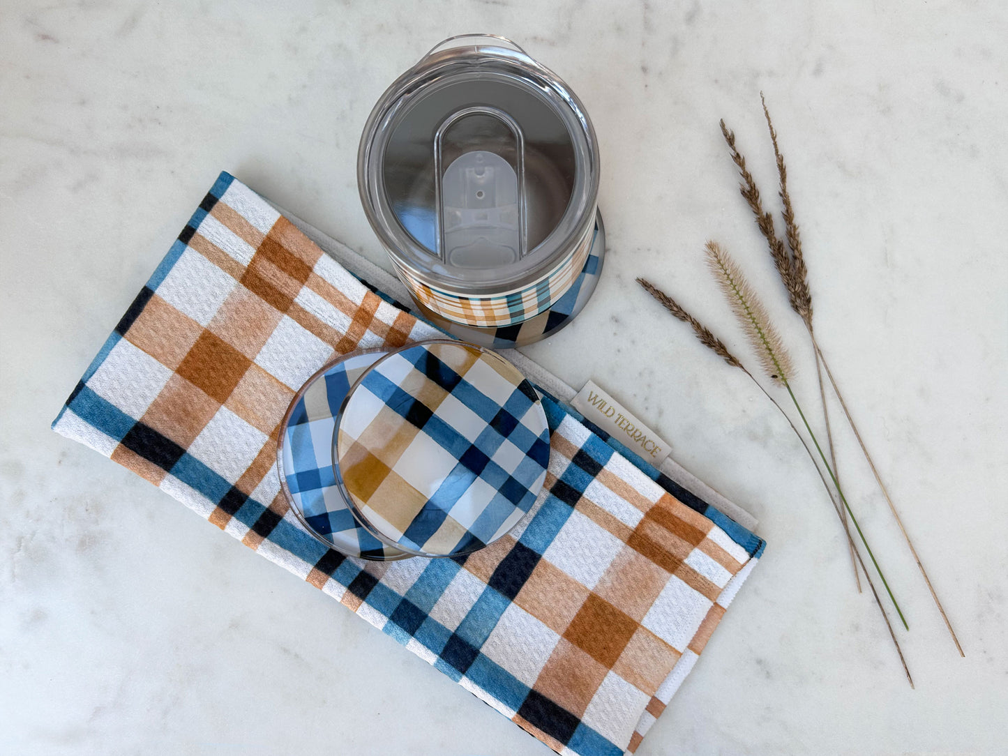 Coastal Wheat Watercolor Plaid Dish Towel